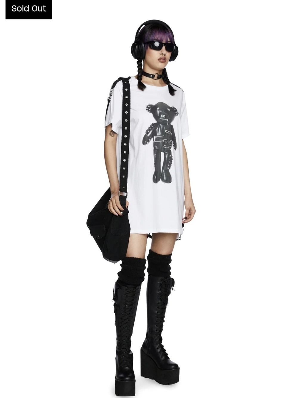 Current Mood White Graphic Teddy Tee with Black Harness Straps